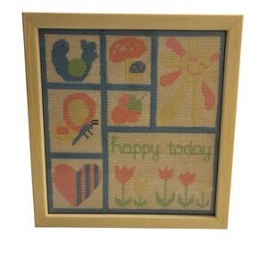 Happy Today Framed Needlepoint Wall Hanging 11x11 Yellow Pink Blue Green Girl Rm
